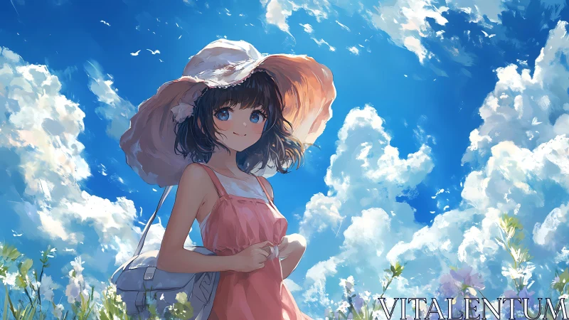 Anime summer portrait under expansive cloud-filled sky.