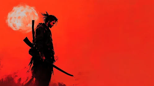 Solitary samurai silhouette under blazing vermilion sun.