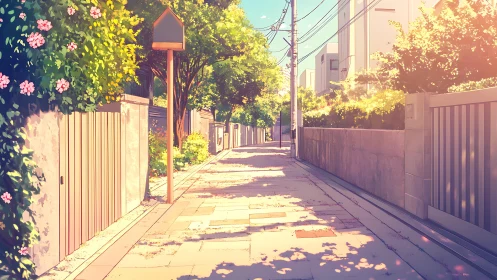 Sunlit suburban alleyway glows with calm morning warmth