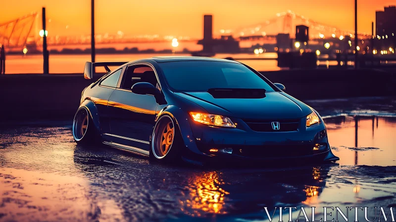 Aerodynamically stanced Honda coupe at luminous urban sunset.