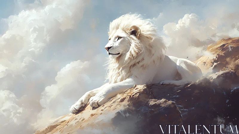 Majestic white lion on sunlit cliffs amid ethereal clouds.