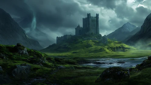Stone castle stands on elevated terrain under dense storm clouds