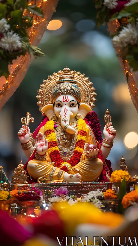 Colorful Ganesh idol sits amid marigolds under festive lights
