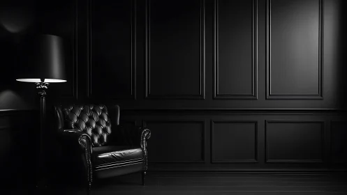 Midnight leather armchair in dramatic monochrome interior.