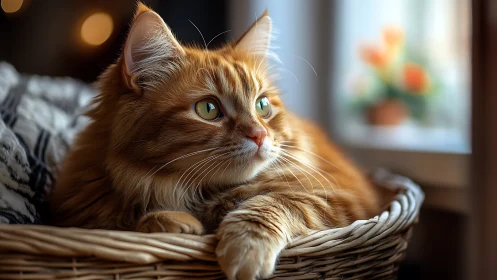 Cozy Ginger Cat Lounging in a Woven Basket by the Window.