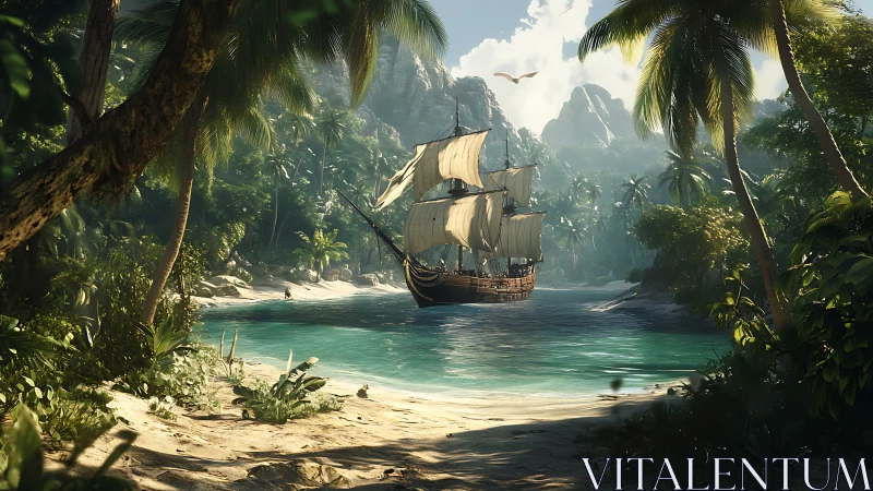 Sailing vessel navigating tropical waterway with limestone formations.
