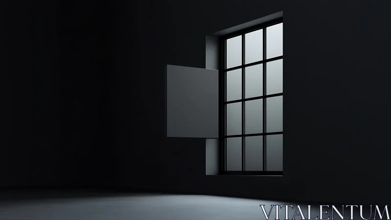 Minimalist dark interior with single pivoted window panel