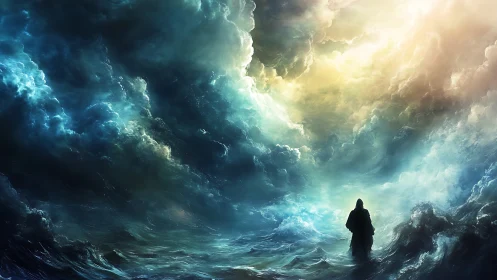 Digital painting of lone figure amid celestial stormscape.