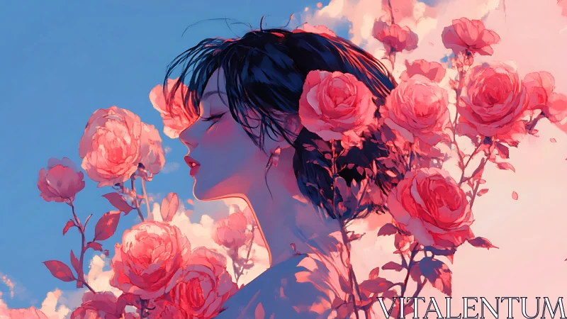 Woman in profile surrounded by vivid pink roses in bloom