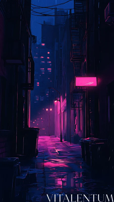 Neon-lit rainy alleyway in saturated magenta and cobalt tones.