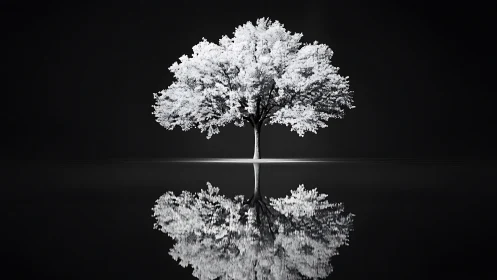 Solitary light-toned tree with mirrored reflection on water.