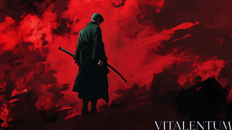 Solitary swordsman stands before dense abstract red field