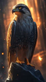 Raptor perched on rock in vertically lit forest scene.