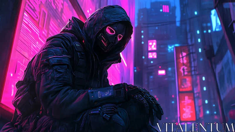 Neon-masked cyberpunk sentinel crouches in rain-soaked alley