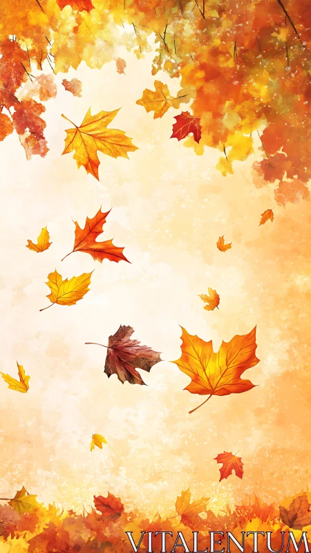 Autumn maple leaves spiral through luminous watercolor sky