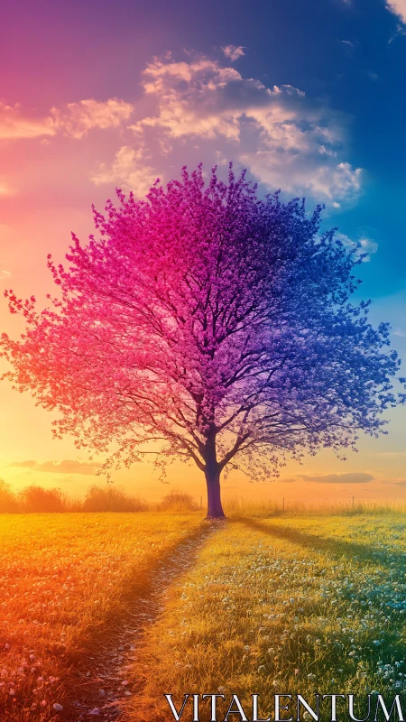 Chromatic blossom tree turns a quiet meadow into pure magic