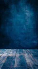 Blue painted wooden floor and textured background wall.