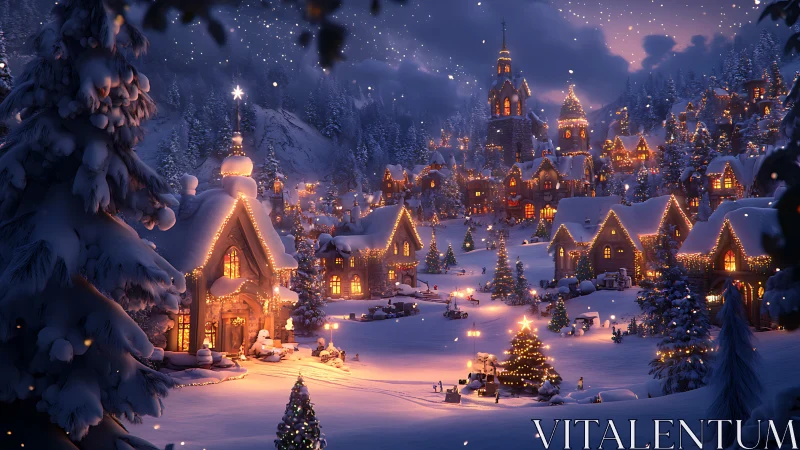 Snow laden alpine village with festive winter illumination at dusk