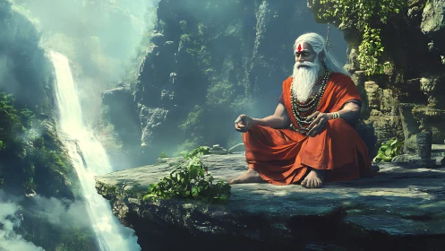 Serene mountain sage meditates above a misty waterfall