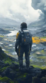 Solitary astronaut surveys a misty alien valley at dawn