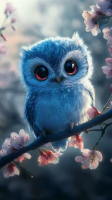 Blue baby owl rests among dreamy cherry blossoms at dusk.