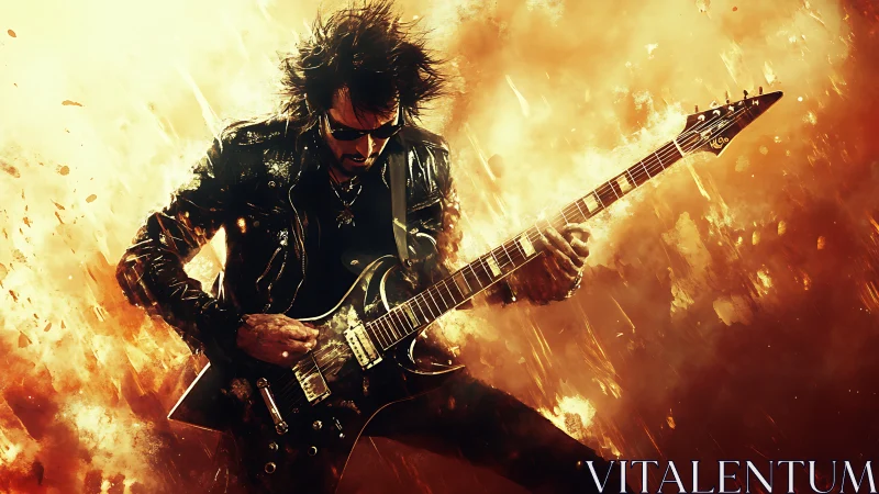 Guitar hero shredding through explosive fiery stage storm.