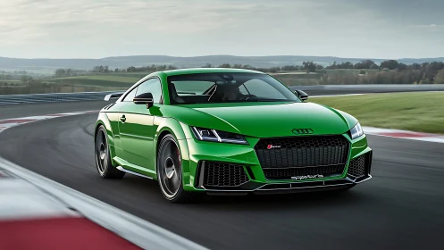 Green Audi sports coupe powers through sweeping racetrack corner.