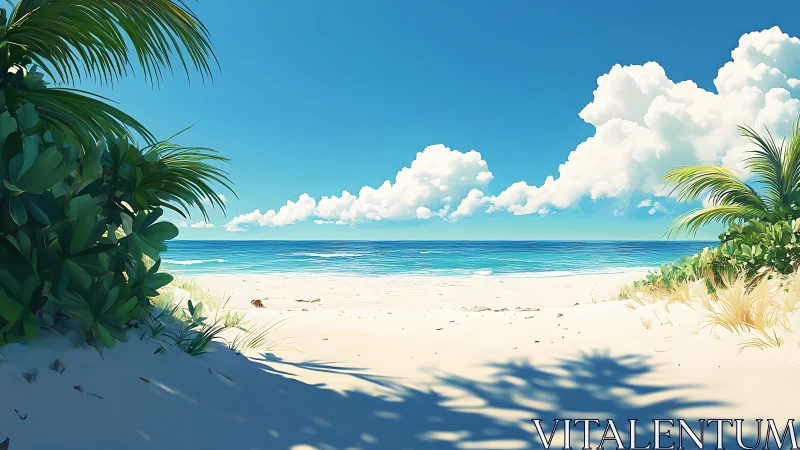 Tropical Beach Scene with Palm Trees and Ocean