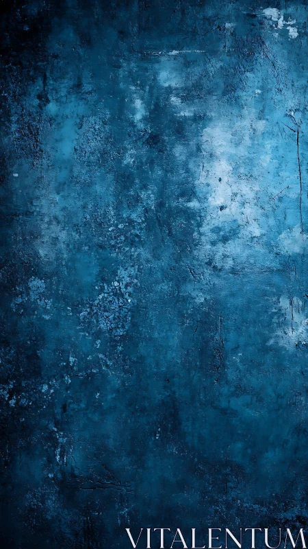 Textured blue wall surface shows layered weathered pigment gradients