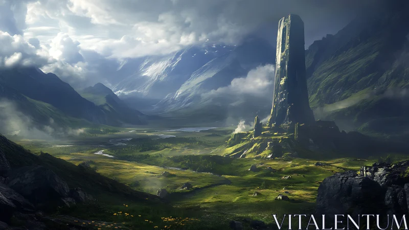 Lonely stone tower rising over vast green fantasy valley.