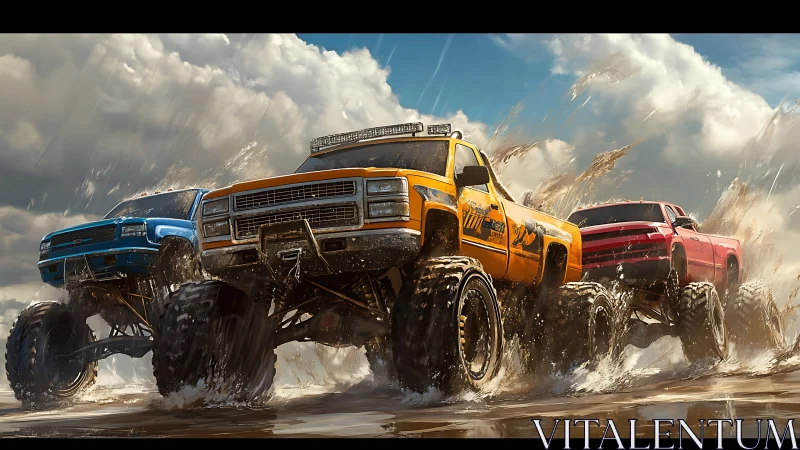 Roaring monster trucks charge through sunlit flying mud.