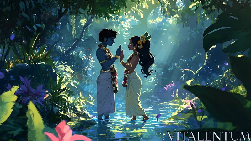 Luminous forest lovers share a gentle moment in sunlit water