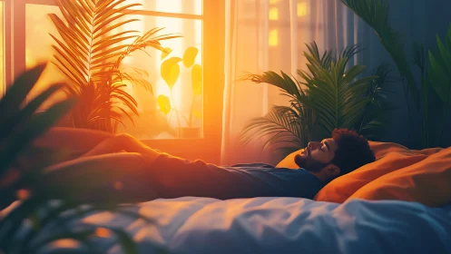 Man lying on bed near window with plants at sunset light.