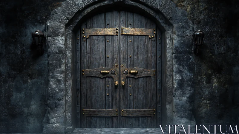 Weathered medieval double door with metal bracing and stone surround