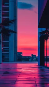 Neon sunset corridor between high-rises in reflective cityscape.