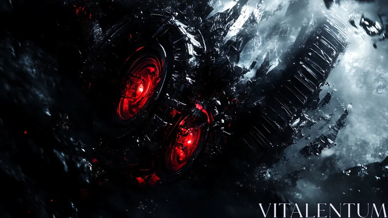 Abyssal machine eye ignites crimson storms in darkness.