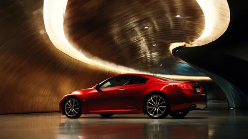 Aerodynamic red coupe under parametric metallic light tunnel.