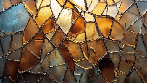 Abstract stained glass mosaic with warm amber and blue tones.
