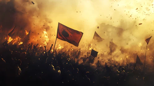 Riot crowd surges under burning flags through dense smoke