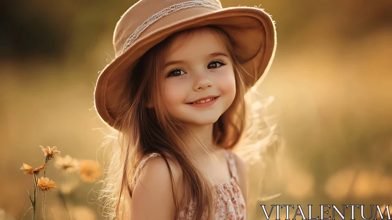 Young girl in tan hat and floral dress in golden sunlit field