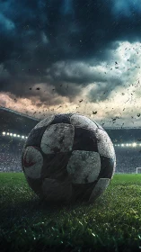 Weathered soccer ball rests on stormy drenched stadium pitch