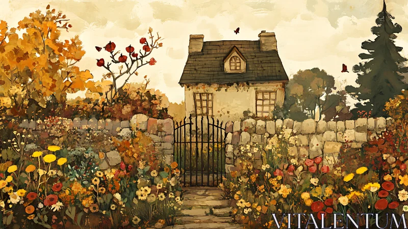 Stone cottage with autumn garden and iron gate in foreground.