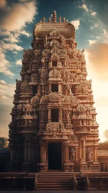 Dravidian temple gopuram under warm cinematic sunset light.