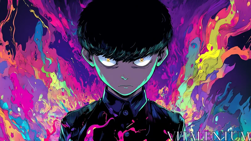 Psychedelic aura engulfs stern boy with intense glowing eyes