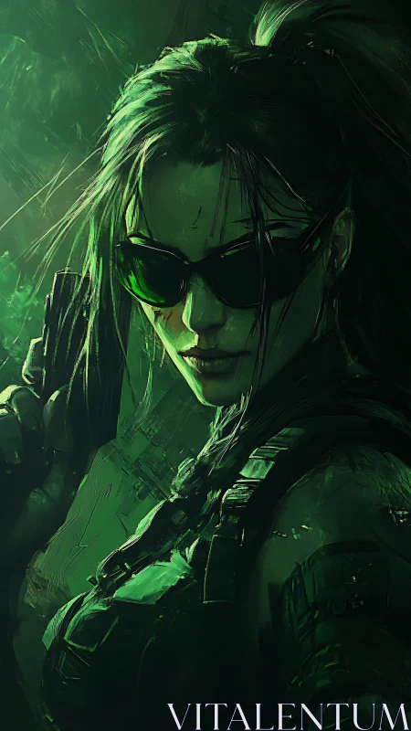 Cybernetic sniper in neon green tactical shadows waits.