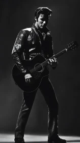 Monochrome standing guitarist holds instrument under spotlight