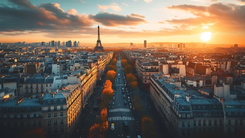 Sunset boulevard to the iron tower over glowing Parisian roofs.