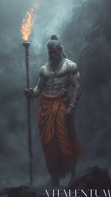 Mythic ascetic warrior with torch in volumetric mist field.
