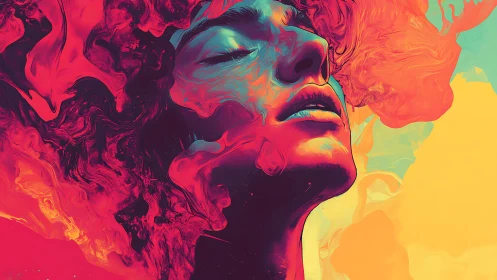 Digital portrait shows face merging with fluid chromatic forms