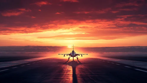 Single jet silhouette aligns with runway vanishing point at sunset